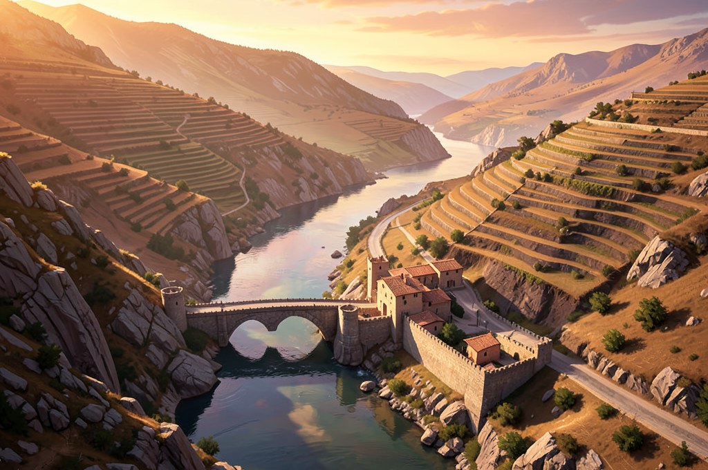 A valley with a stone fort on one bank of a river and a timber village on the other