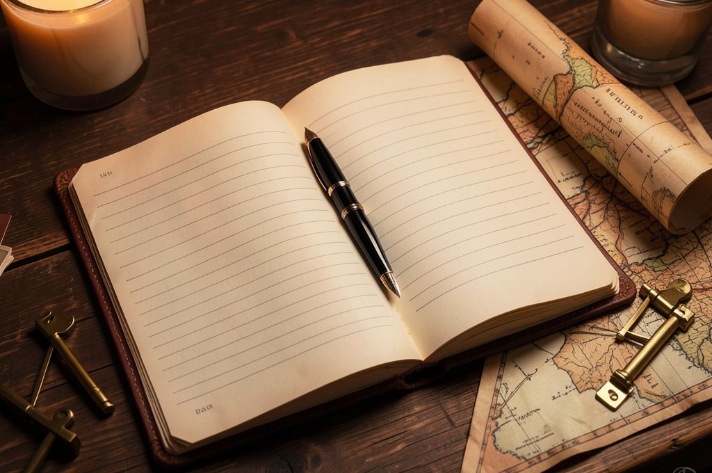 An open notebook with a ruled table beside a hand-drawn map